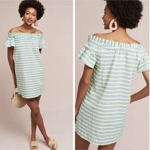 Anthropologie Dress Corey Lynn Calter Dress Off Shoulder Mini Neon Green Stripe